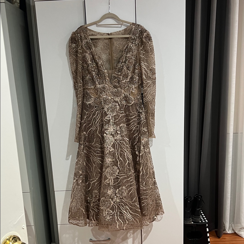 Mac Duggal Brown Embellished Long Sleeve Dress